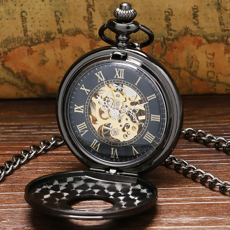 Vintage Luxury Black Metal Mechanical Pocket Watch Steampunk Watches Pin Chain Men Women Pendant Clock Gift With Gift Bag