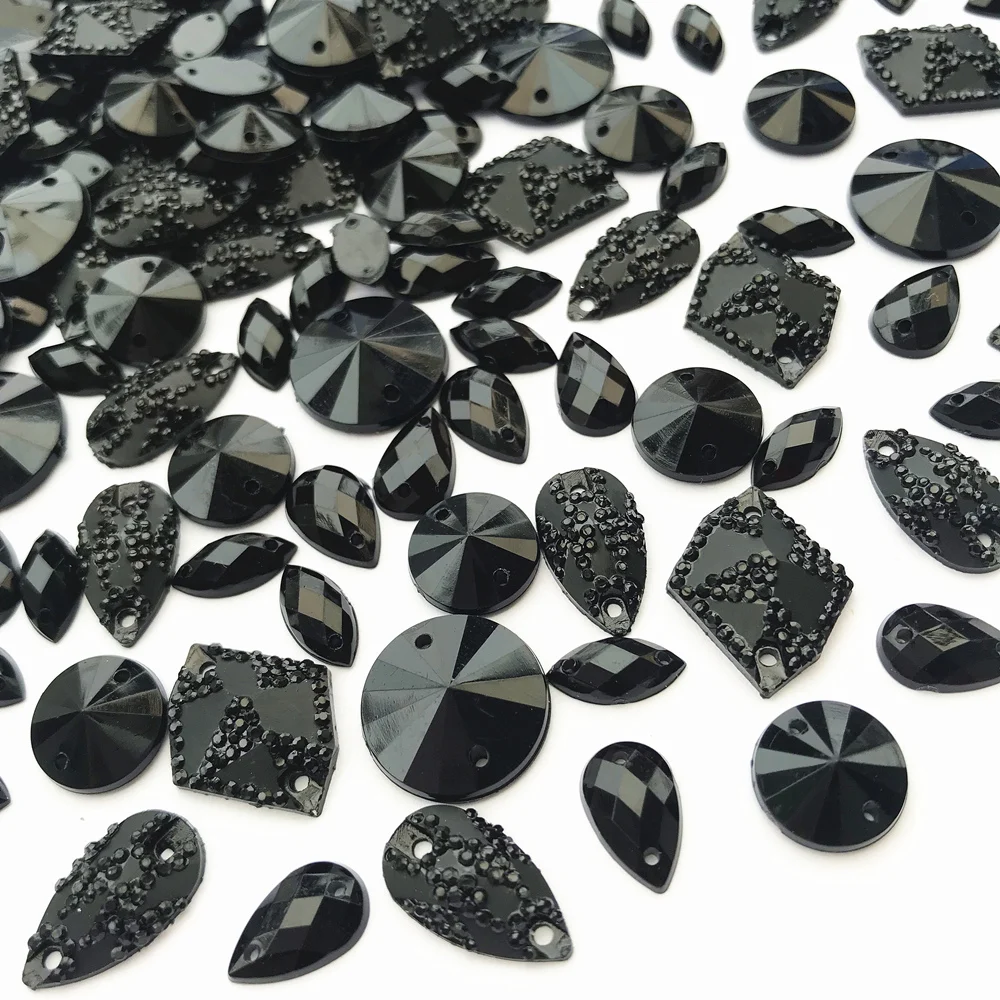 BLACK Resin Mix Round Drop Gems Stones and Crystals Sew-On Rhinestones Strass for Sewing Wedding Bridal Gown Decoration Dress