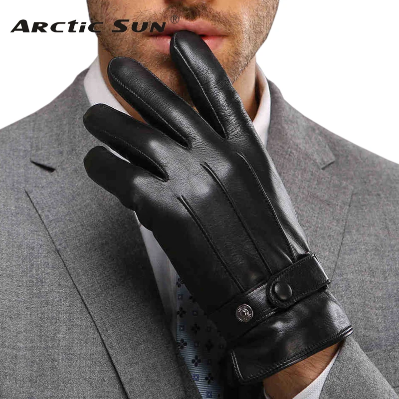 Fashion Brand Design Men Leather Gloves Thickening Thermal Plus Velvet Genuine Goatskin Glove Male Wrist Winter M021PC