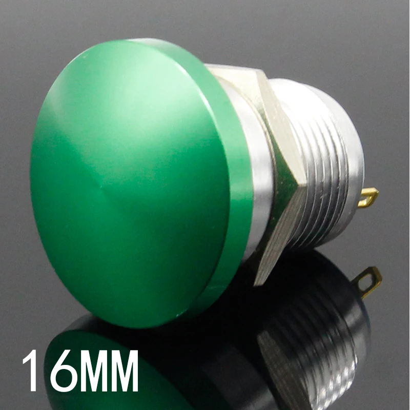 16mm metal mushroom head start self-reset button switch often open green screw foot current 5A