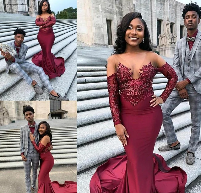 African Black Girls Prom Dress Burgundy Mermaid Long Sleeve Formal Pageant  Holidays Wear Graduation Evening Party Gown Plus Size - AliExpress