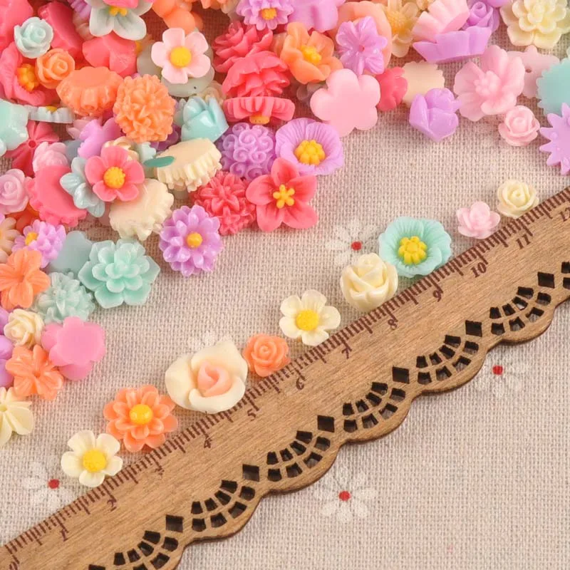 50PCS multicolor Flower flatback Resin Cabochons Scrapbook Craft 7-13mm DIY Embellishments decor Headwear accessories CP1977