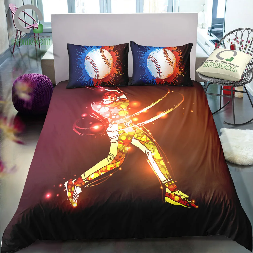 

BOMCOM 3D Digital Printing Duvet Cover Set baseball player swing the bat hit the ball Bedding Set 100% Microfiber