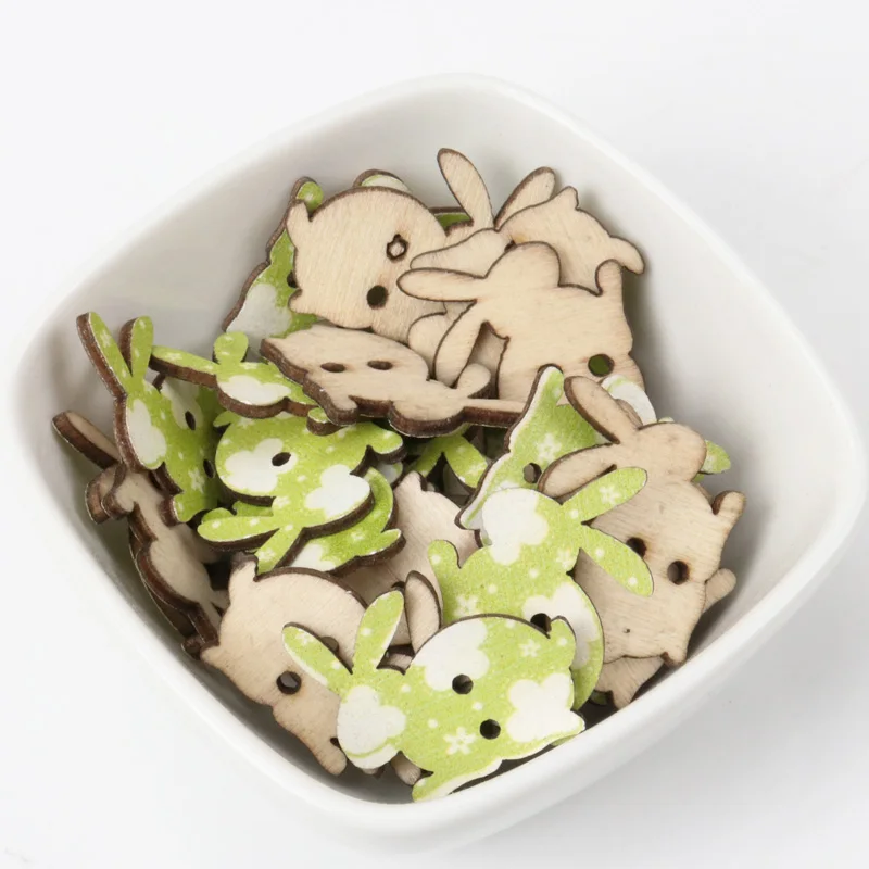 Green Rabbit Pattern Diy Wooden Buttons Botones Handmade Accessories Decoration Sewing Scrapbooking Crafts 20x25mm 20pcs MZ67