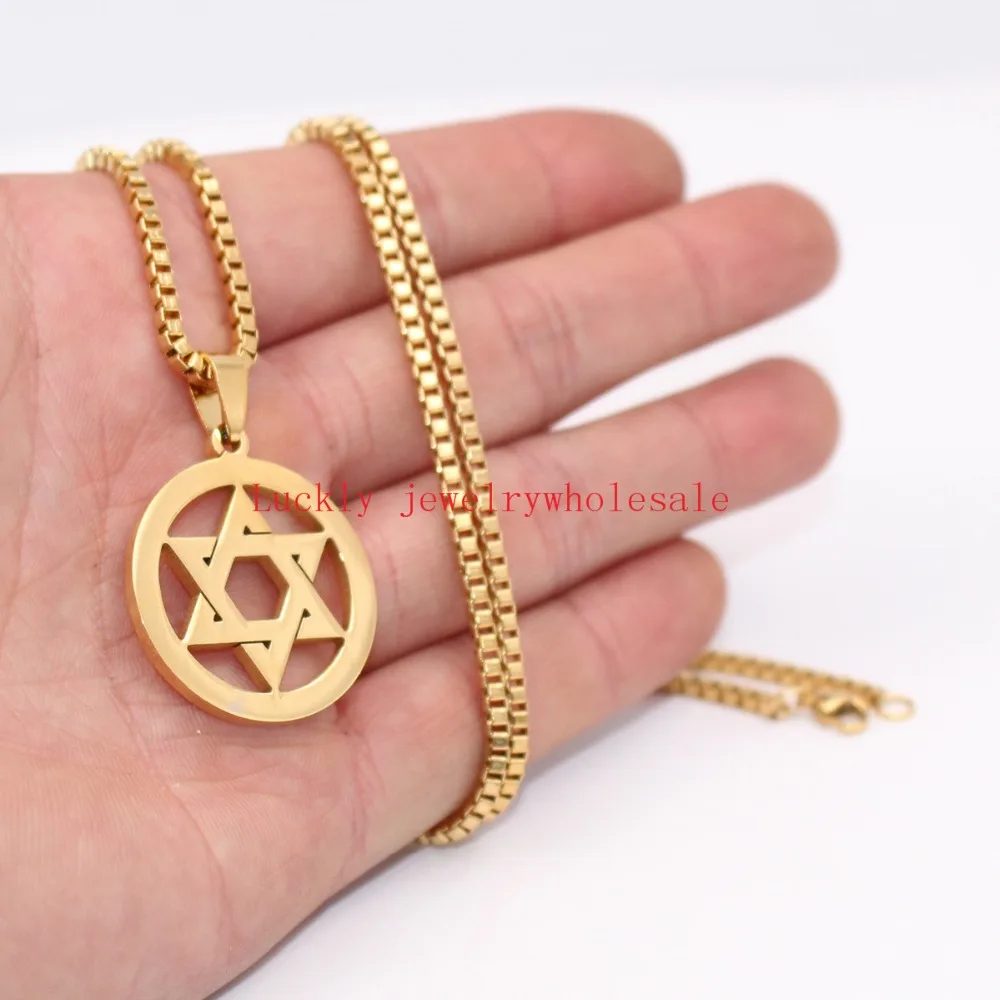 Men's Six-Pointed Jewish Star of David Pendant Necklace Stainless Steel Jewelry 2.4mm 24'' Box Chain