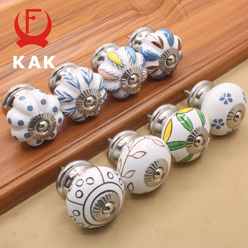 KAK 40mm Hand-painted Ceramic Drawer Knobs Porcelain Pumpkin Cabinet Knobs Cupboard Handles with base for Kids Furniture Handle