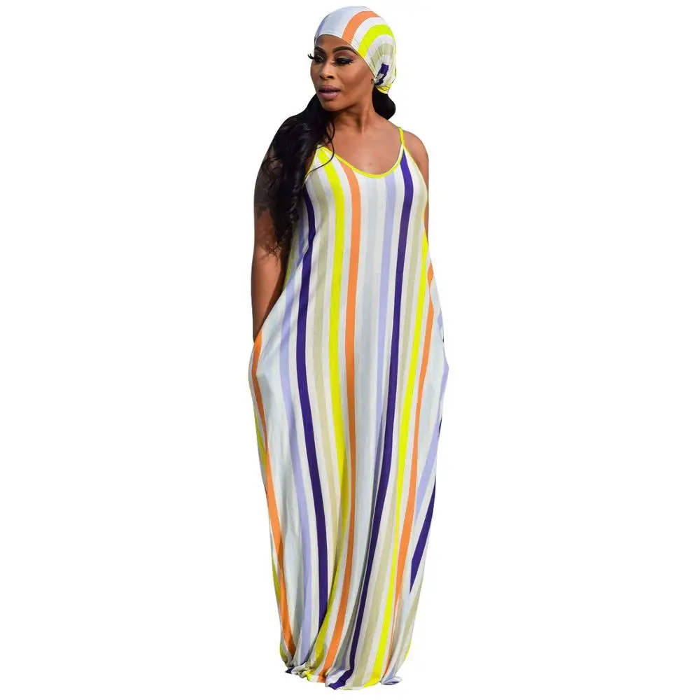 Stripe Loose women summer maxi dress O-neck braces Long beach dresses hairbands party Clothes