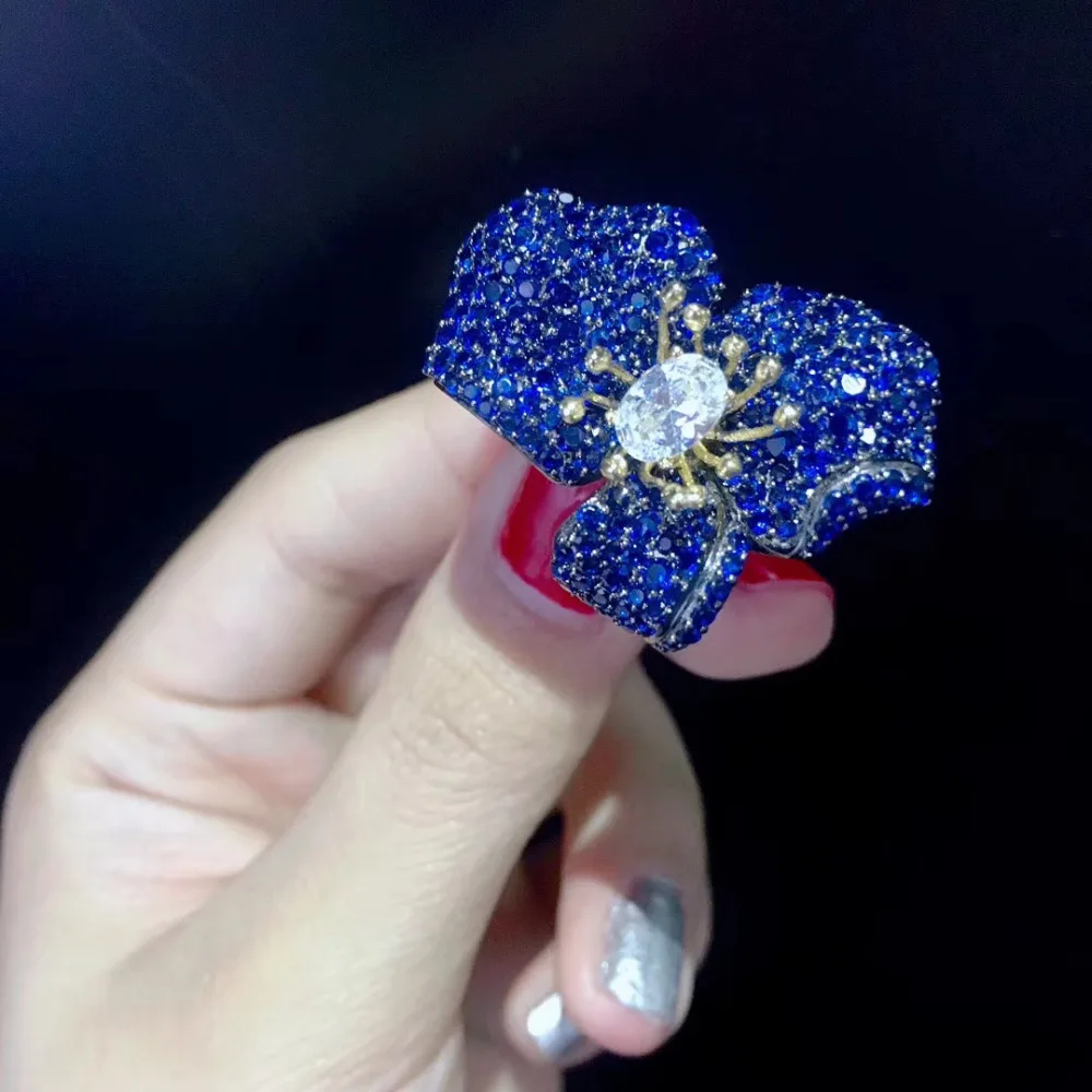 

blue color flower ring adjustable size wedding party 925 sterling silver high quality fine women jewelry free shipping