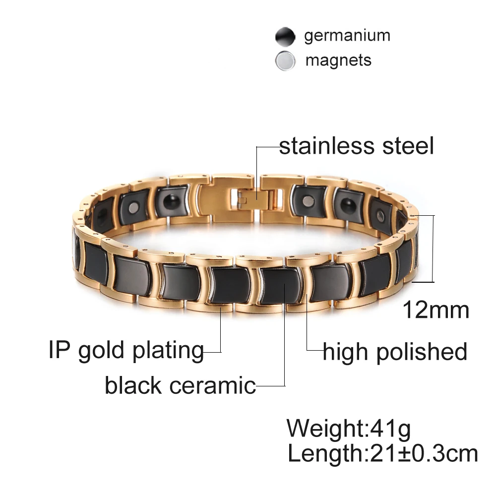 Vinterly Ceramic Magnetic Bracelet Men Women Gold-color Chain Link Health Energy Bracelets Bangles Charm Bracelets for Men Women