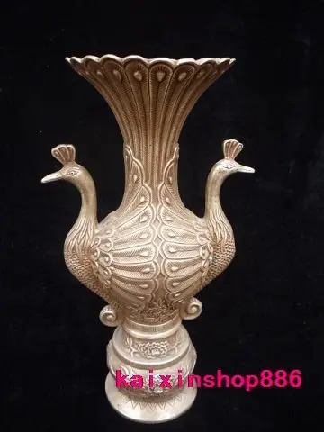 Very rare Ming Dynasty (xuan de1426-1438) silver peacock vase,free shipping