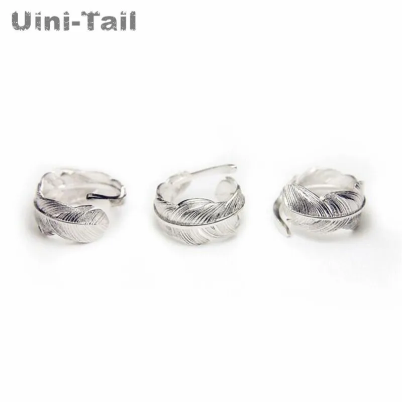 Uini-Tail 2018 hot new 925 Tibetan silver open feather ring adjustable size girl jewelry fashion tide flow high quality jewelry