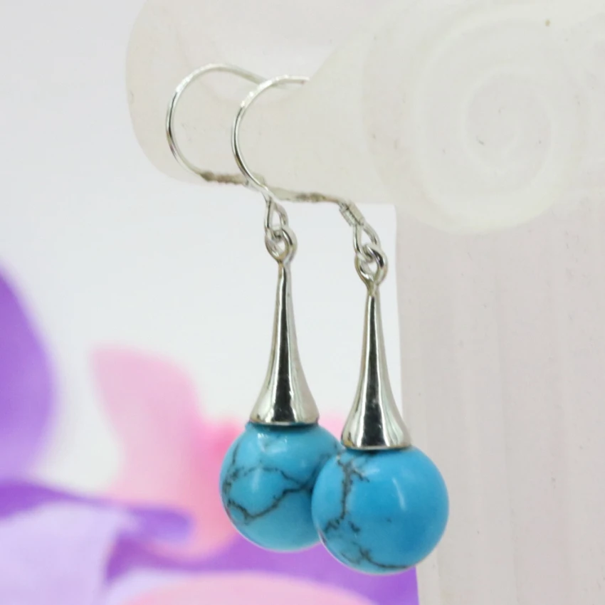 10mm blue stone veins calaite turquoises stone dangle earrings for women fashion round beads eardrop charms diy jewelry B3247