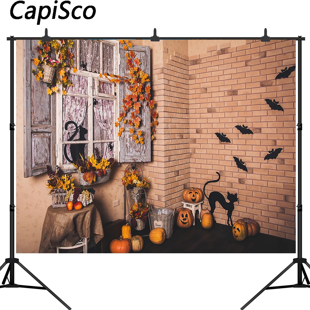 Capisco Halloween Brick Wall Vinyl Photography Backdrop Cat Bat Pumpkin flower courtyard Photo Background Studio Prop