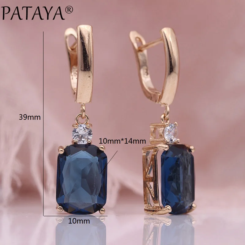 PATAYA New Square Dark Blue Long Earrings Women Wedding Jewelry 585 Rose Gold Color Multicolor Natural Zircon Dangle Earrings