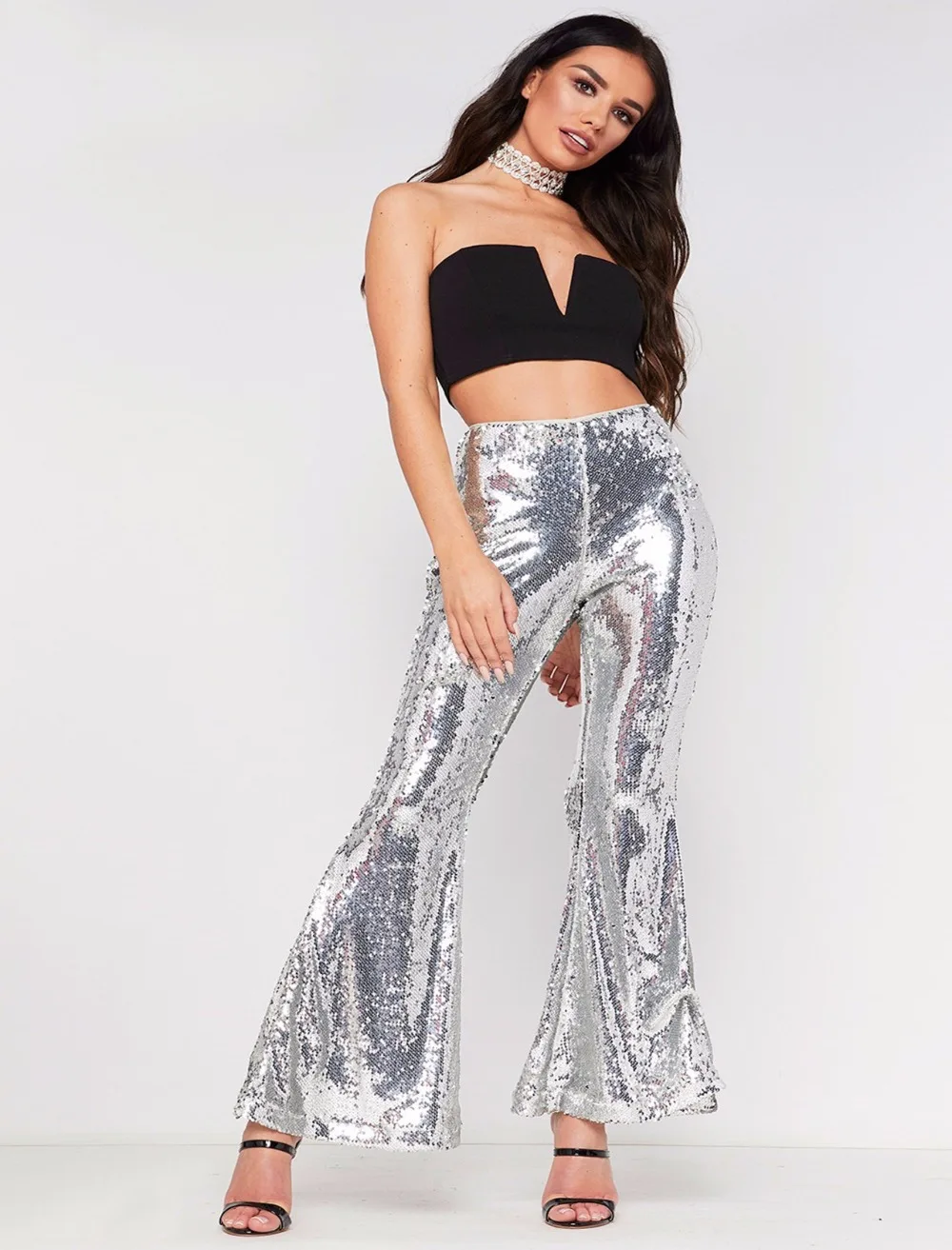 Women's Flat Flare Palazzo Pants, Solid Sequined Trousers, Sexy, Special Offer, New Arrival,