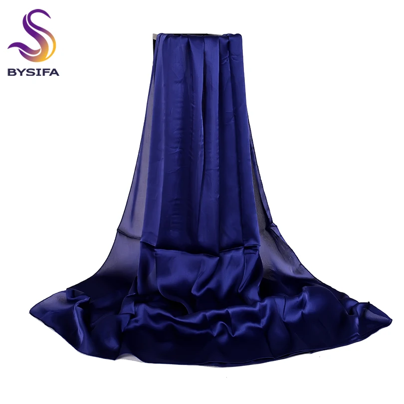 BYSIFA-bufanda de seda Lisa para mujer, chal largo de satén liso, color azul marino, para primavera y otoño