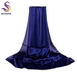 BYSIFA-Lenço de seda liso para mulheres, xale liso para senhoras, capas de praia longa, elegante cetim sólido, azul marinho, novo, primavera e outono