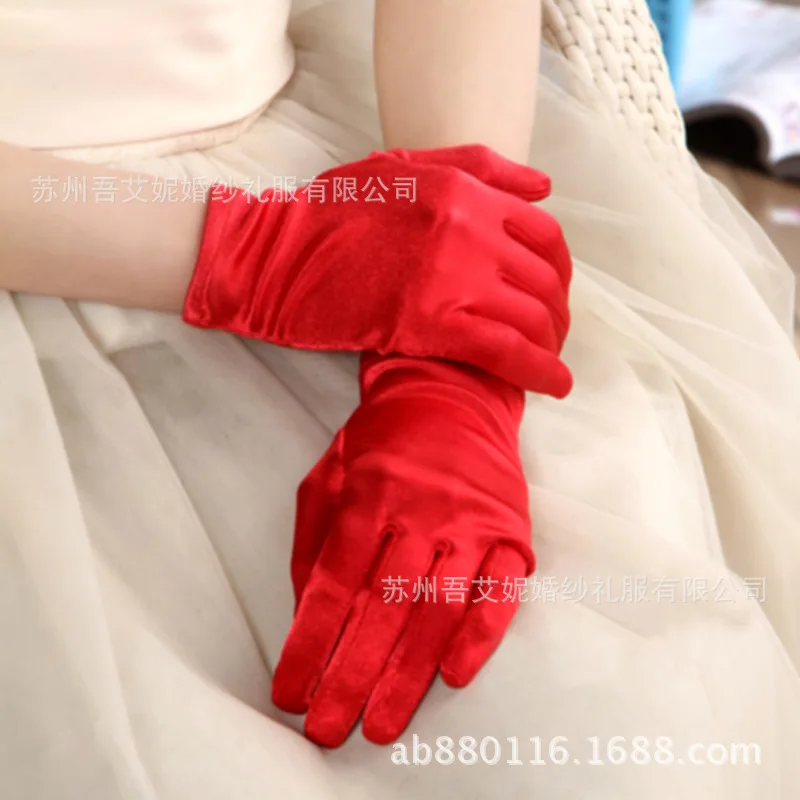 Short Finger Gloves Women Solid Satin Evening Party Dressing Prom Gloves 14 Color Plain Dyed Glove For Wedding Party LT063