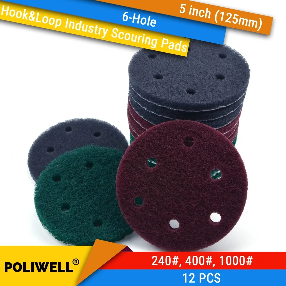 

12PCS 5 Inch(125mm) 6-Hole Round Hook&Loop Industrial Scouring Pads Heavy Duty 240#/400#/1000# Nylon Polishing Pad for Cleaning