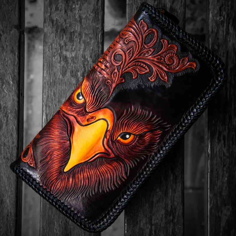 

Handmade Gentleman Wallets knitting Carving Eagle Purses Men Long Clutch Vegetable Tanned Leather Wallet Card Holder