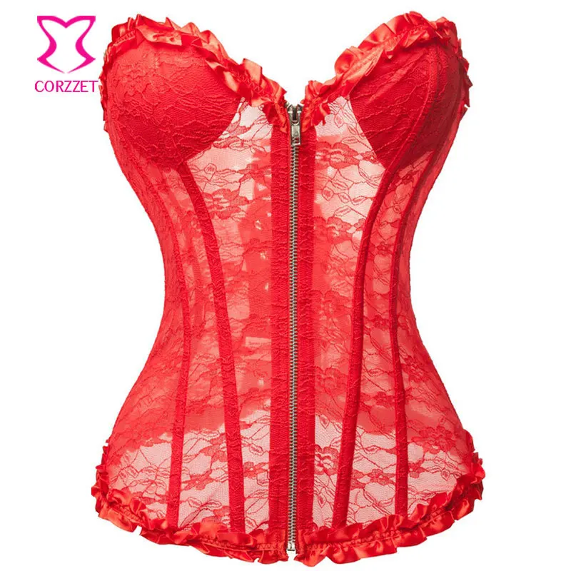 

Red Transparent Floral Lace Ruffle Padded Push Up Bustier Corset Sexy Lingerie Women Corsage Gothic Clothing Corpetes Corseletes