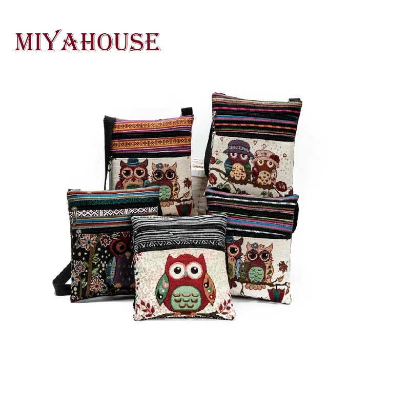 Miyahouse Double Zipper Female Mini Flap Shoulder Handbags Cartoon Owl Printed Canvas Bags Women Small Shoulder Messenger Bags