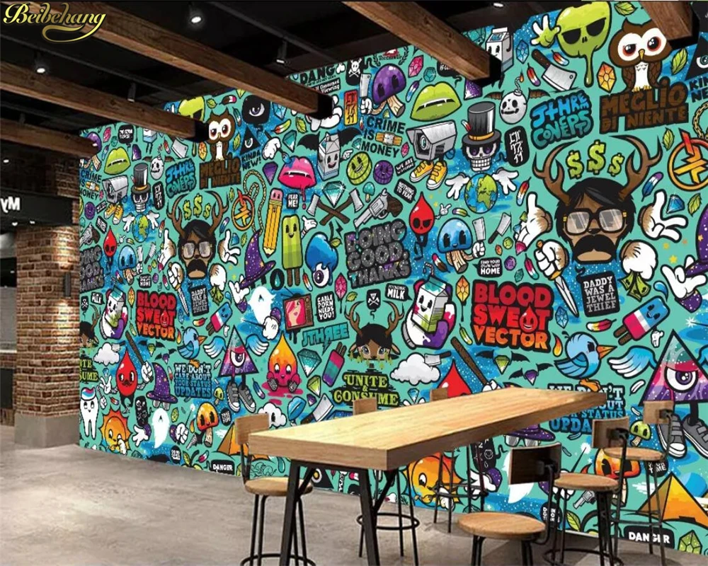 

beibehang Custom Photo Wallpaper Europe and the United States Cartoon Abstract Graffiti Theme Restaurant Mural Wall Background