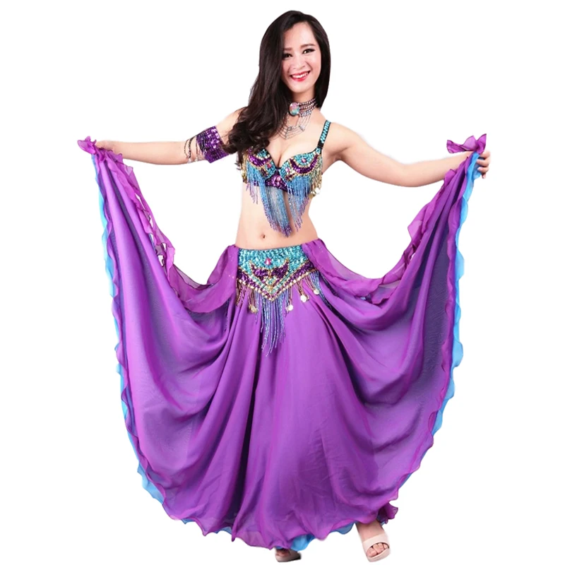 Size S-XL Performance Women Dancewear Professional 3pcs Outfit Bra Belt Skirt Long Oriental Beaded Belly Dance Costume