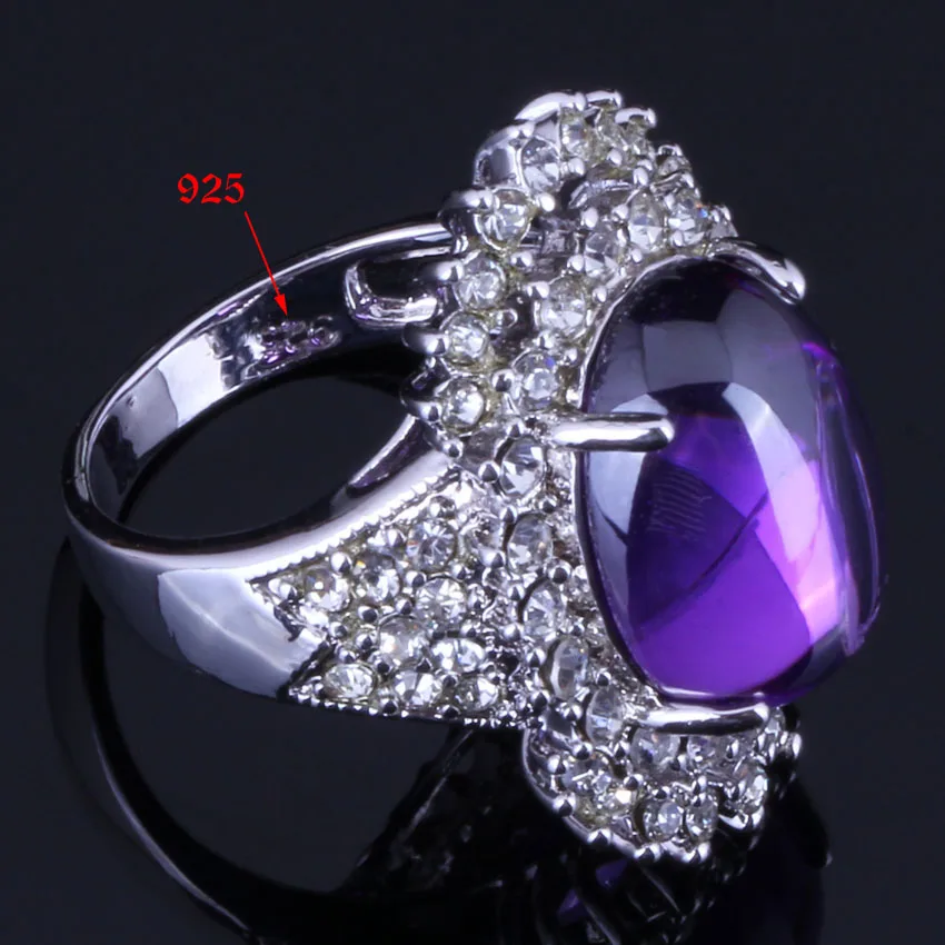 Shining Huge Oval Purple Cubic Zirconia White CZ Silver Plated Jewelry Sets Earrings Pendant Chain Ring V0266