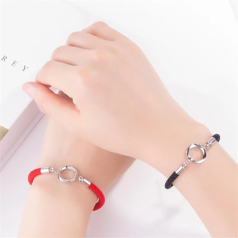 KOFSAC New Fashion Silver 925 Bracelets For Women Men Couple Lovers Shiny CZ Round Pendant Jewelry Black Red Rope Bracelet