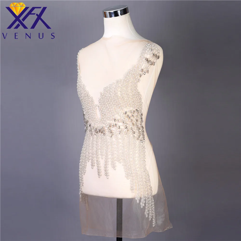 XFX VENUS Handmade Crystal Sequin Wedding Long Patches Rhinestone Pearl Appliqued Patch Wedding Applique for Costume