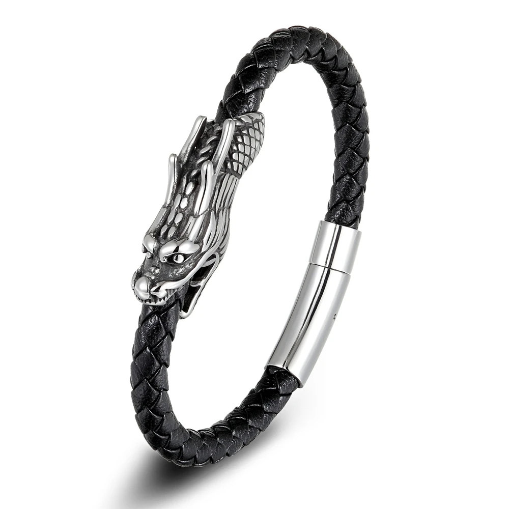 TYO 19/21CM Retro Chinese Symbol Dragon Pattern Genuine Leather Bracelet with Magnet Clasp Men Jewelry Birthday Party Gift