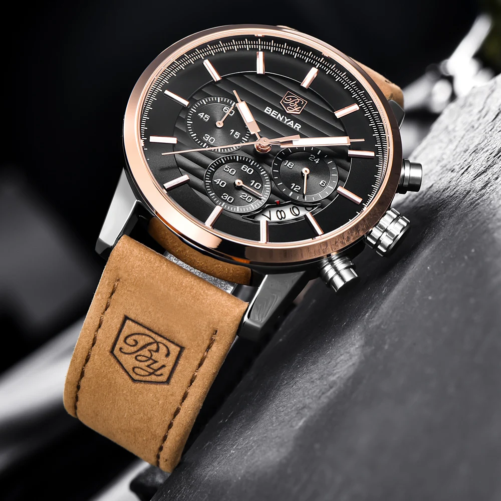 2019 BENYAR Top Brand New Casual Fashion Men Quartz Watch Luxury Military Leather Strap Chronograph Men Watch Relogio Masculino