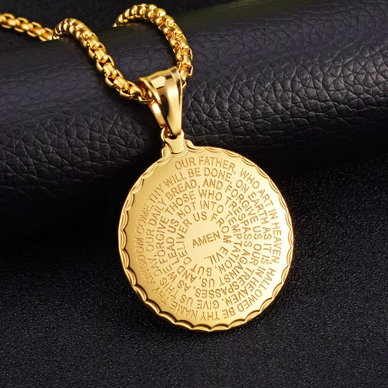 Hip Hop Men\'s Cross Bible Praying Hands Necklace For Men Gold Color Stainless Steel Chain Round Pendant Religious Jewelry Gift