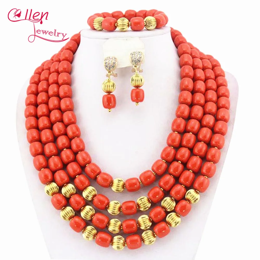 

Orange African Coral Jewelry Set Coral Beads Necklace Set Nigerian African Wedding Beads Jewelry Set WS3090