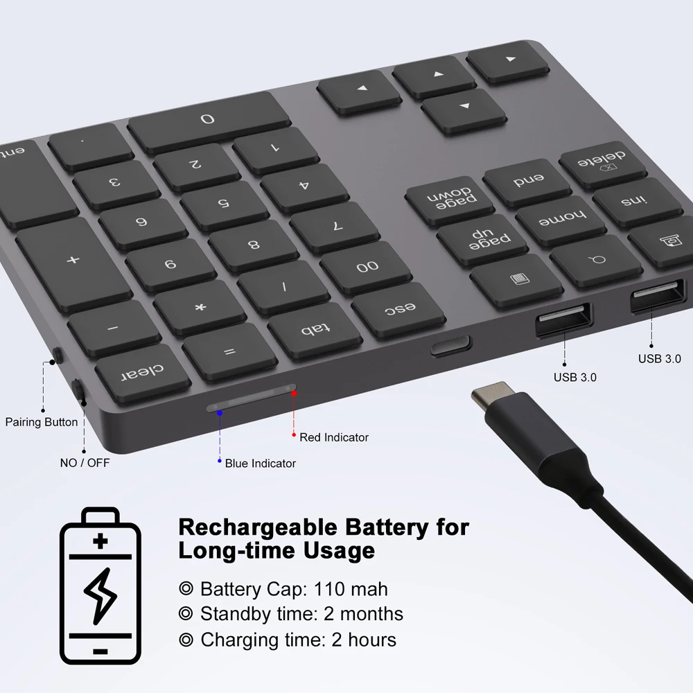 AVATTO Aluminum Alloy Bluetooth Wireless Numeric Keypad with USB HUB Digital Input Function for Windows,Mac OS,Android laptop PC