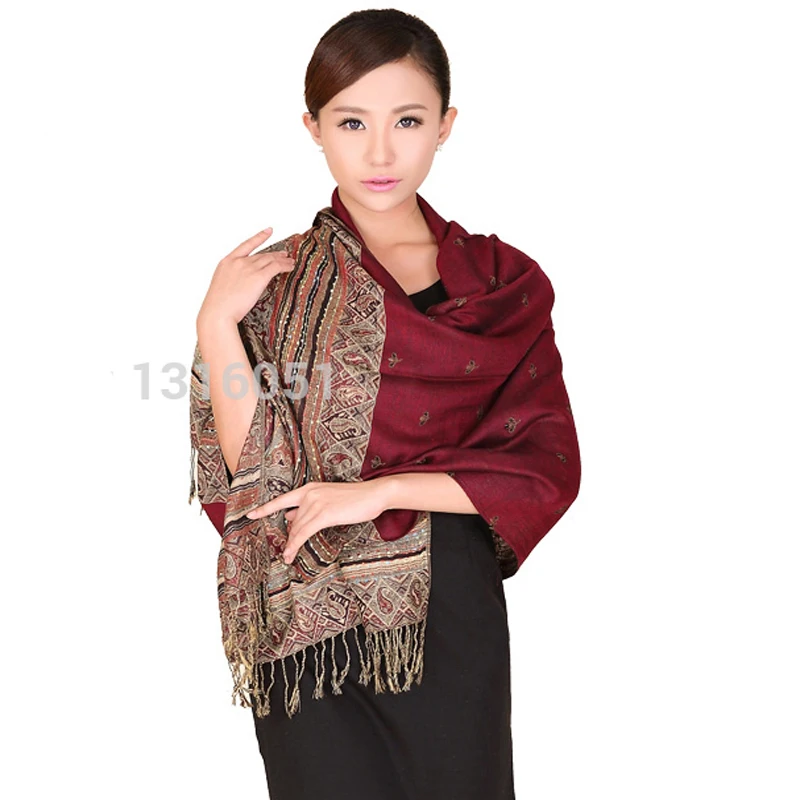 New Burgundy Spring Winter Reversal Double-Sides Fancy Paisley Women's Fine Tassel Pashmina Shawl Scarf Warm Bee 112410