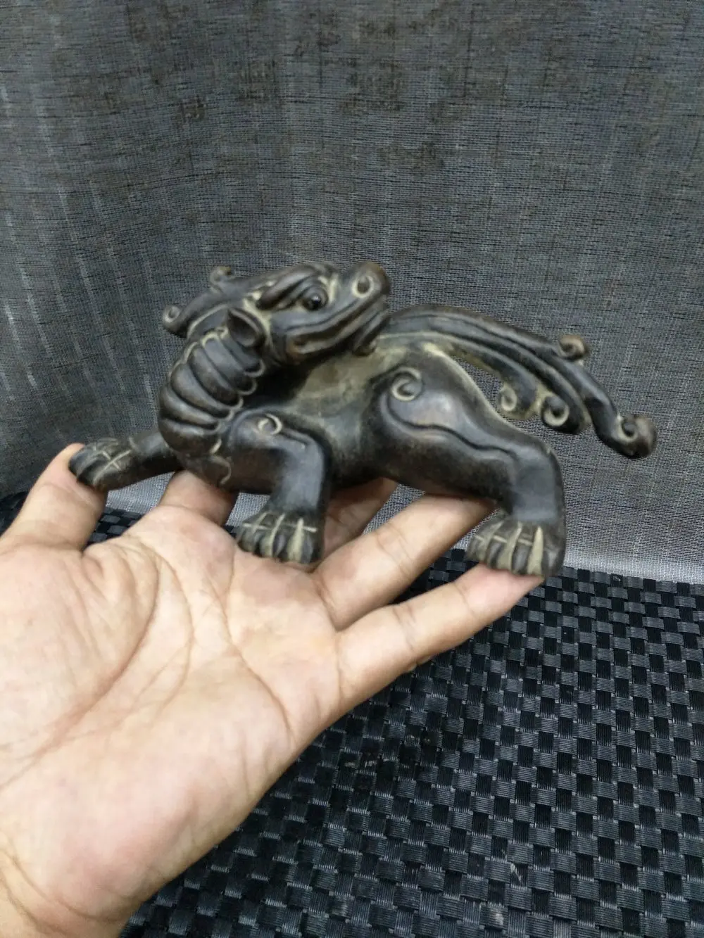 Rare Old Chinese Qing Dynasty purple sands Unicorn statue,Carved dragon and phoenix,best collection&adornment,free shipping