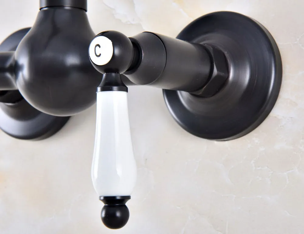 Preto Friccionado Óleo de Bronze Fixado Na Parede Do Banheiro Kitchen Sink Faucet Tap Mixer Bica Giratória Dupla Cerâmica Alças Alavancas anf869