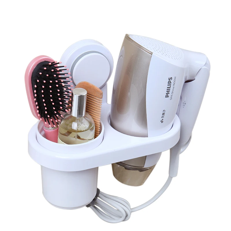 

Original Design Wall-Mounted Suction Cup Hair Dryer Holder Comb Rack Stand Set Bathroom Plastic White Storage Organizer