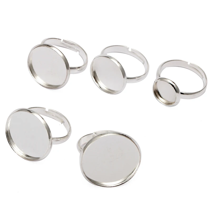 10pcs Silver Plated Adjustable Ring Setting Cabochon 10mm 12mm 20mm Round Ring Blank Base Bezel Tray for DIY Jewelry Making B