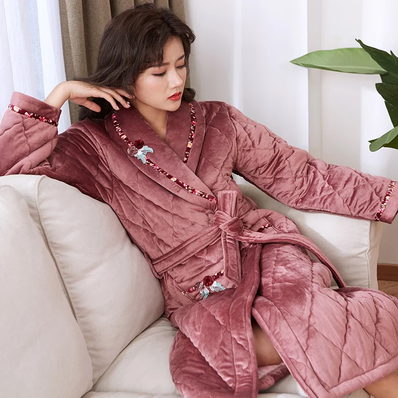 Thick quilted flannel robe long-sleeve women big yards M-3XL coral fleece bathrobes female sleepwear winter pijamas para mujer