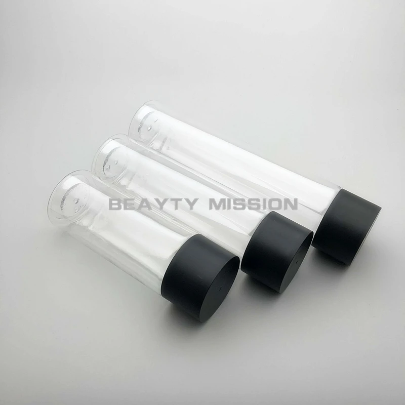 Transparent 300ml/400ml/500ml 12 pcs/lot Empty Cylindrical Juice Water Bottle, Black Screw Cap PET Thickening Creative bottles