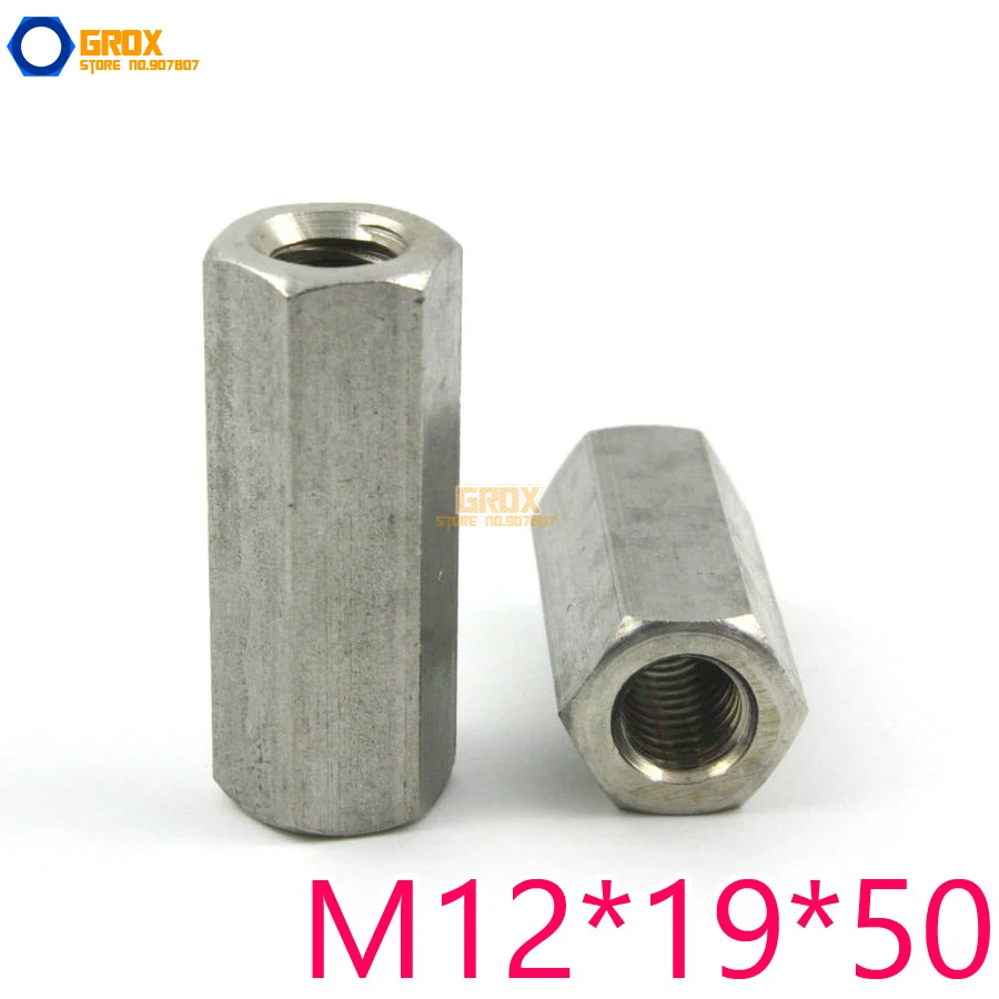 2 Pieces M12*19*50mm Hex Rod Coupling Nut 304 Stainless Steel