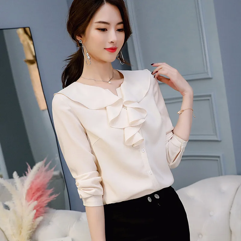 

New Korean Chiffon Shirt Office Ladies Spring Summer Fashionable Pure Color Long-sleeved Thin Casual Blouse Women Tops H9112