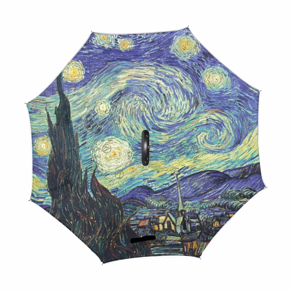 Van Gogh Starry Night Reverse Umbrella Double Layer Inverted Parasol Rain Women Strong Windproof Fluorescent Strips Paraguas Men