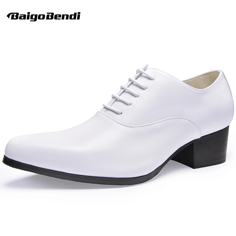 

Mens Real Leather Lace Up Height Increasing Shoes Man Heighten Wedding Pointed Toe White Oxfords