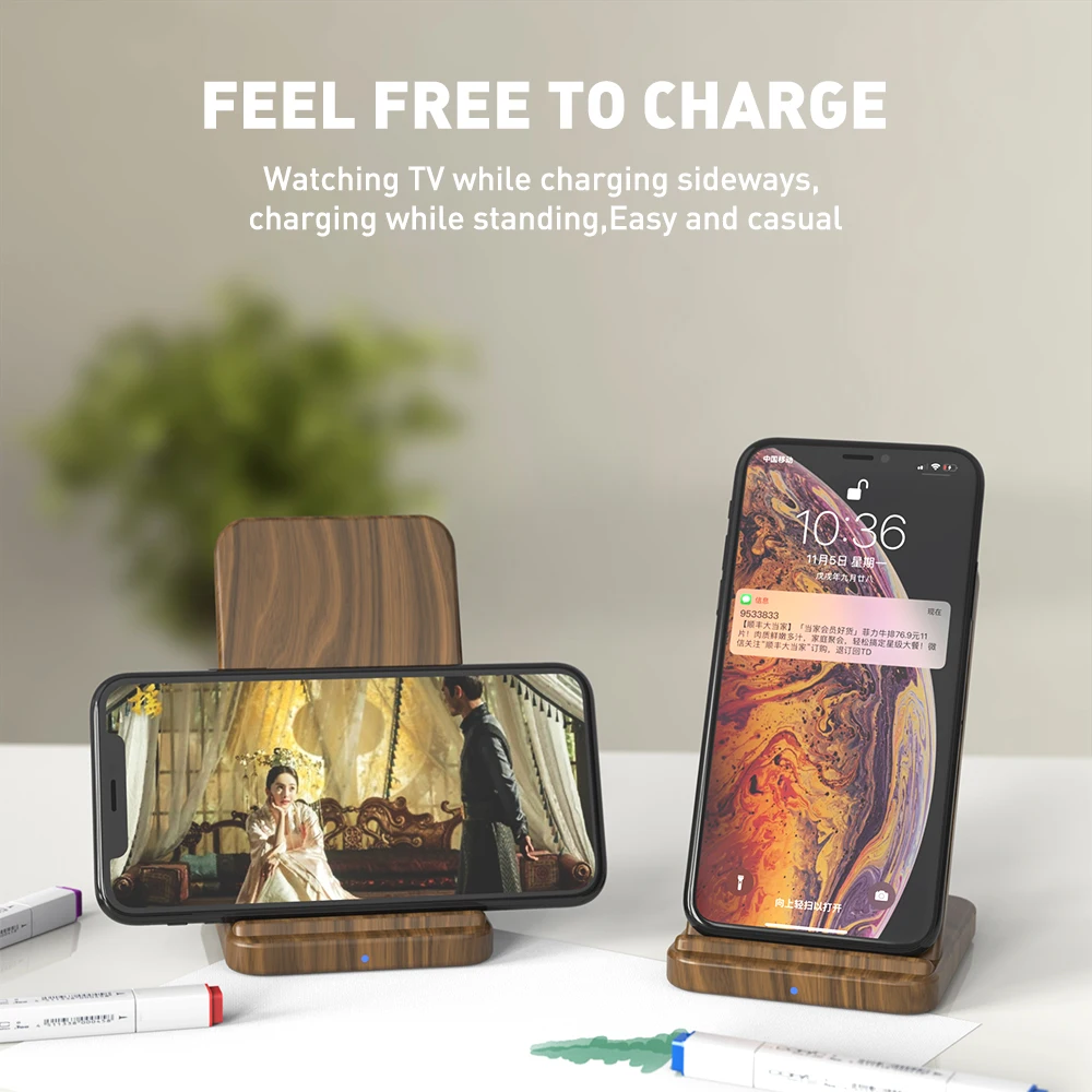 KEYSION 15W Wooden Qi Wireless Charger for iPhone 15 Pro Max 14 13 12 11 XR fast Wireless Charging Stand for Samsung S24 S23 S22