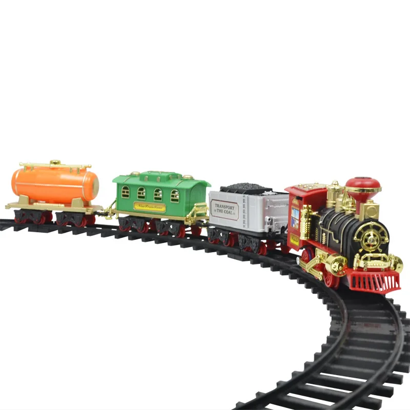 Illuminazione, emulazione del suono e del fumo modello di treno retrò Puzzle per bambini giocattolo elettrico classico treno ferroviario Set giocattoli per bambini