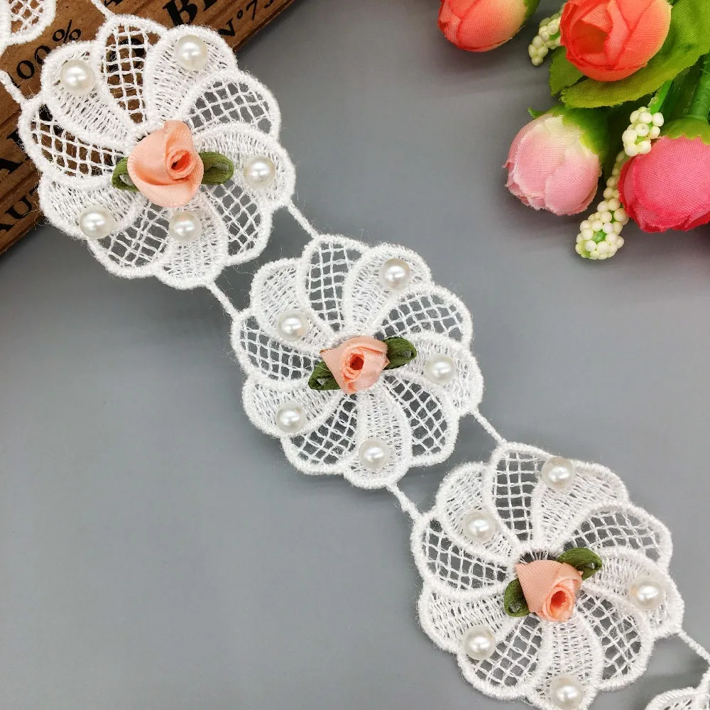 

1 Yard Rose Windmill Flower Pearl Beaded Lace Edge Trim Wedding Dress Fabric Ribbon Trimming Hat DIY Embroidered Applique Sewing